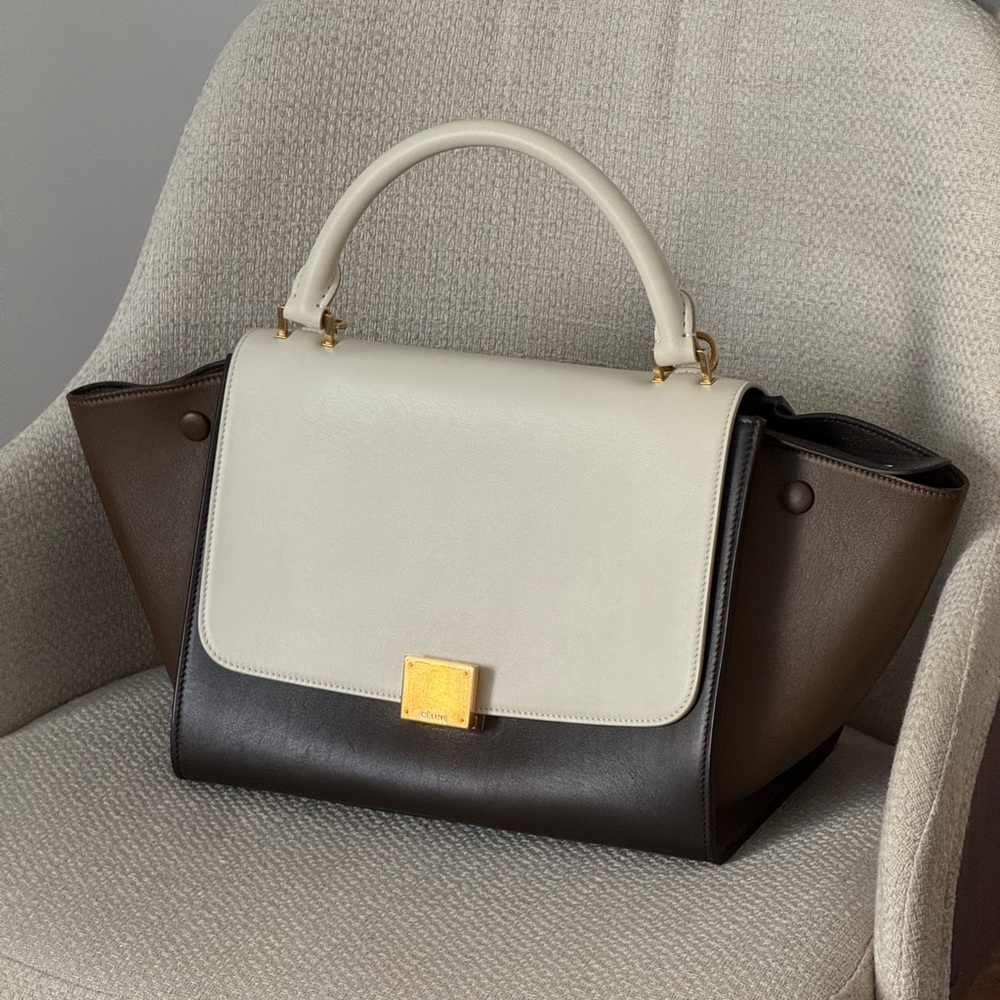 Celine Tricolor Trapeze Bag in Chocolate Brown and Cream with Gold Hardware